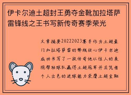 伊卡尔迪土超封王勇夺金靴加拉塔萨雷锋线之王书写新传奇赛季荣光