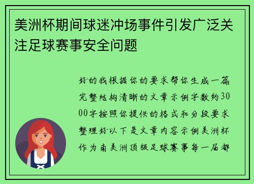 美洲杯期间球迷冲场事件引发广泛关注足球赛事安全问题
